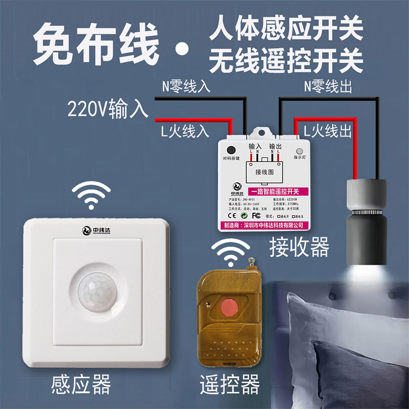 交流86型人體感應(yīng)開關(guān)2023年可調(diào)新款免布線無線遙控開關(guān)隨意貼220V專用(圖1) 主圖10_800.jpg